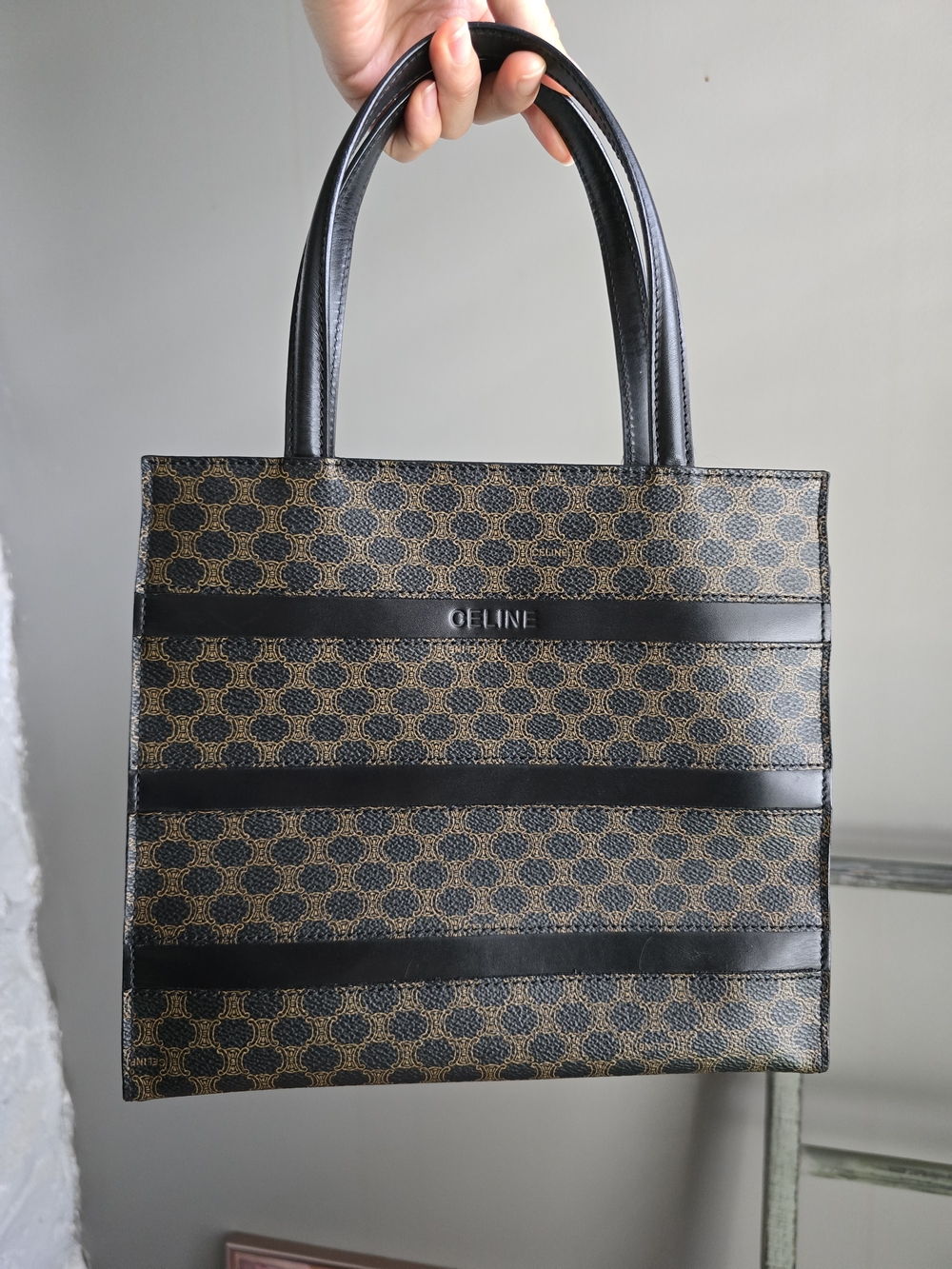 VTG Celine Macadam Triomphe Striped Canvas Leather Tote Handbag Small